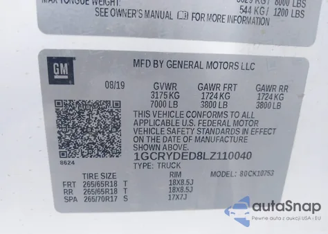 2020 Chevrolet Silverado 1500 4Wd Standard Bed Lt z USA, uszkodzony, nr VIN 1GCRYDED8LZ110040